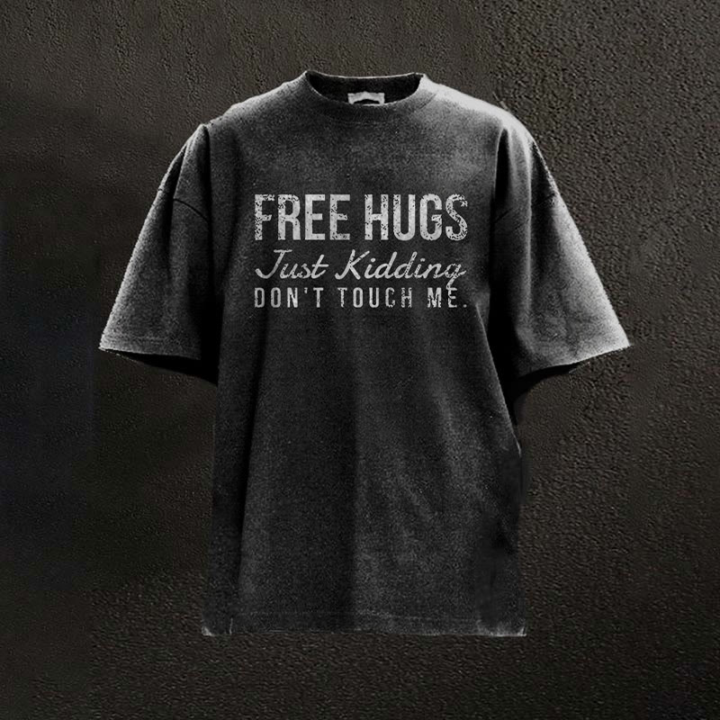 100% Cotton Free Hugs Just Kidding Don't Touch Me Printed Washed Gym T-shirt - Black - 2XL - image 1