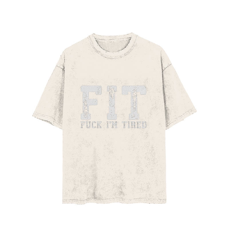 100% Cotton Fit Fuck I'm Tired Printed Washed Gym T-shirt - Apricot - 2XL - image 1