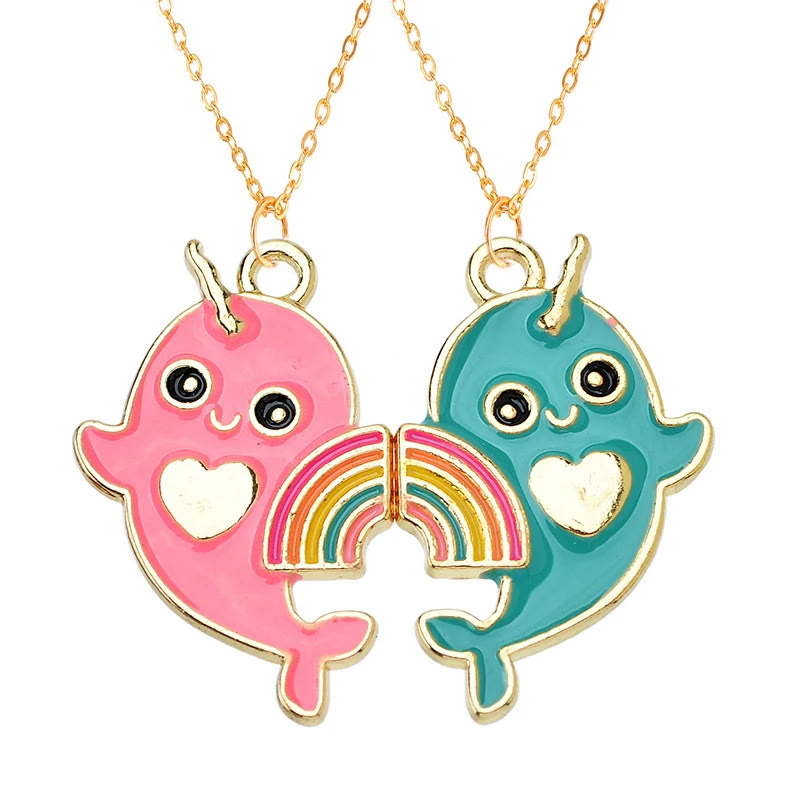 Best Friends Magnet Attraction Heart Stitching Necklace Set - PInk+Blue Dolphin - one size - image 1