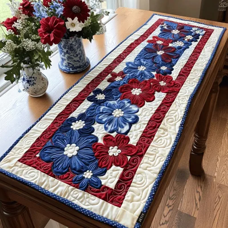 American Independence Day Red And Blue Flowers Quilted Table Runner - Multicolor - 14*108inch - image 1