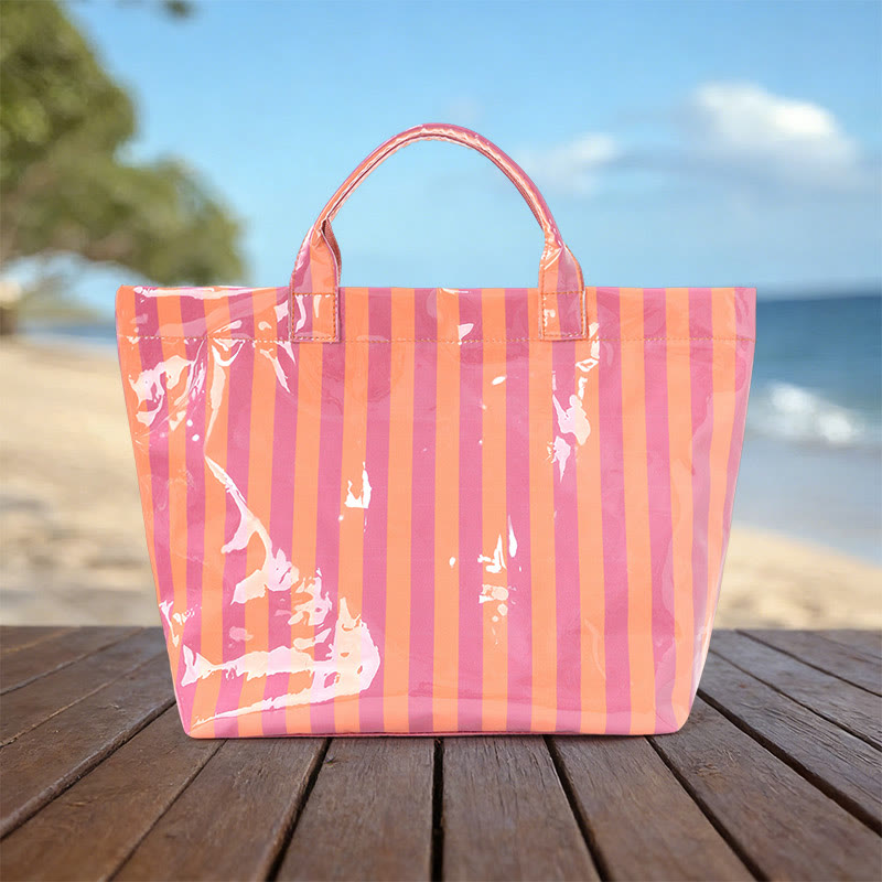 Beach Vacation Color-block Striped Leopard Waterproof Tote Bag - Orange - 44*31*12.5cm - image 2