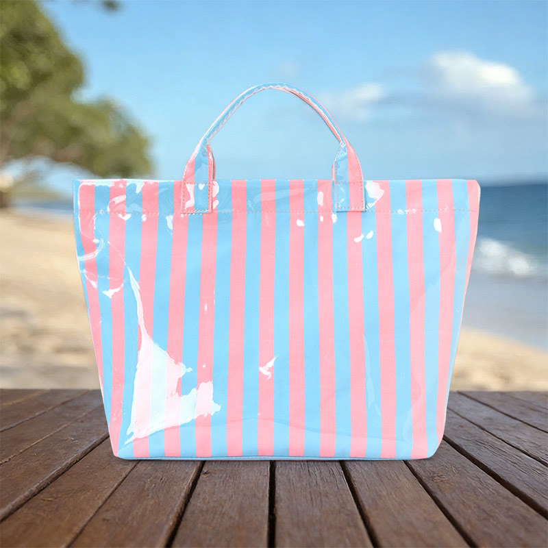 Beach Vacation Color-block Striped Leopard Waterproof Tote Bag - Light Blue - 44*31*12.5cm - image 1