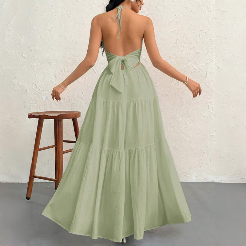 Women's Halter Neck Tiered Sleeveless A Line Summer Maxi Dress - image 3