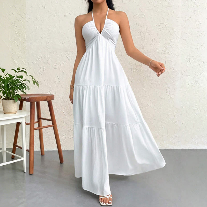 Women's Halter Neck Tiered Sleeveless A Line Summer Maxi Dress - image 7