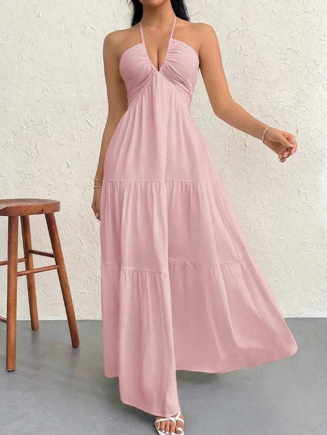 Women's Halter Neck Tiered Sleeveless A Line Summer Maxi Dress - Pink - L - image 1