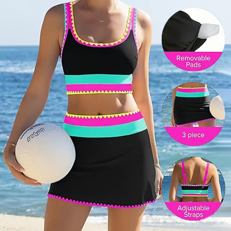 Beach Color-block Geometry Print Tank Skirt Three-piece Swimsuit - image 1