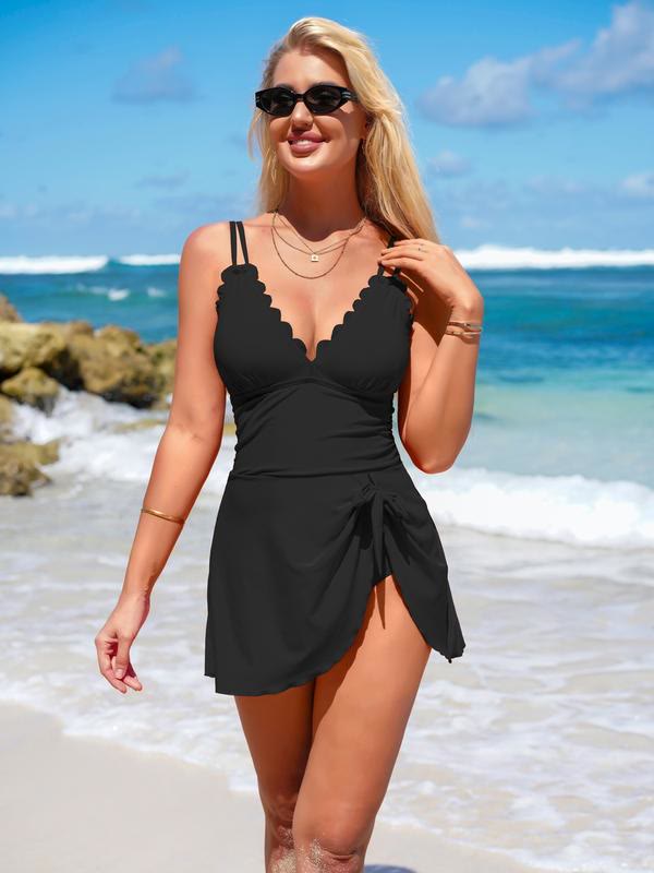 Women's One Piece Swimdress - Tummy Control Swim Dress with Tie Knot Skirt - Black - 2XL - image 1