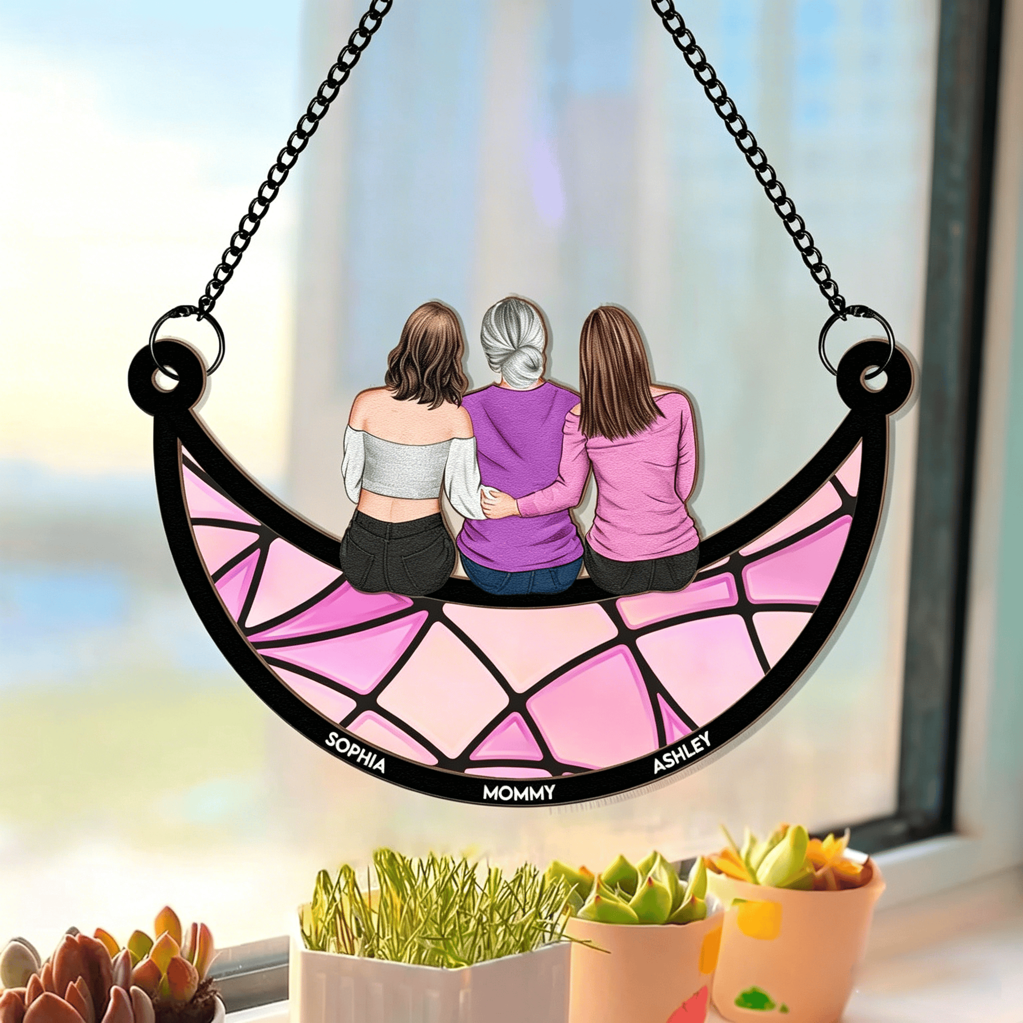 Grandma Mom And Children Sitting On The Moon - Personalized Window Hanging Suncatcher Ornament - A - 16cm - image 1