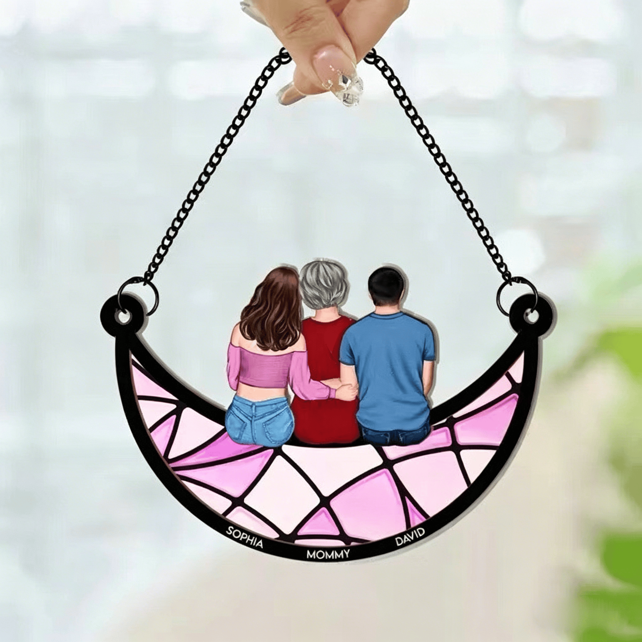 Grandma Mom And Children Sitting On The Moon - Personalized Window Hanging Suncatcher Ornament - C - 16cm - image 3