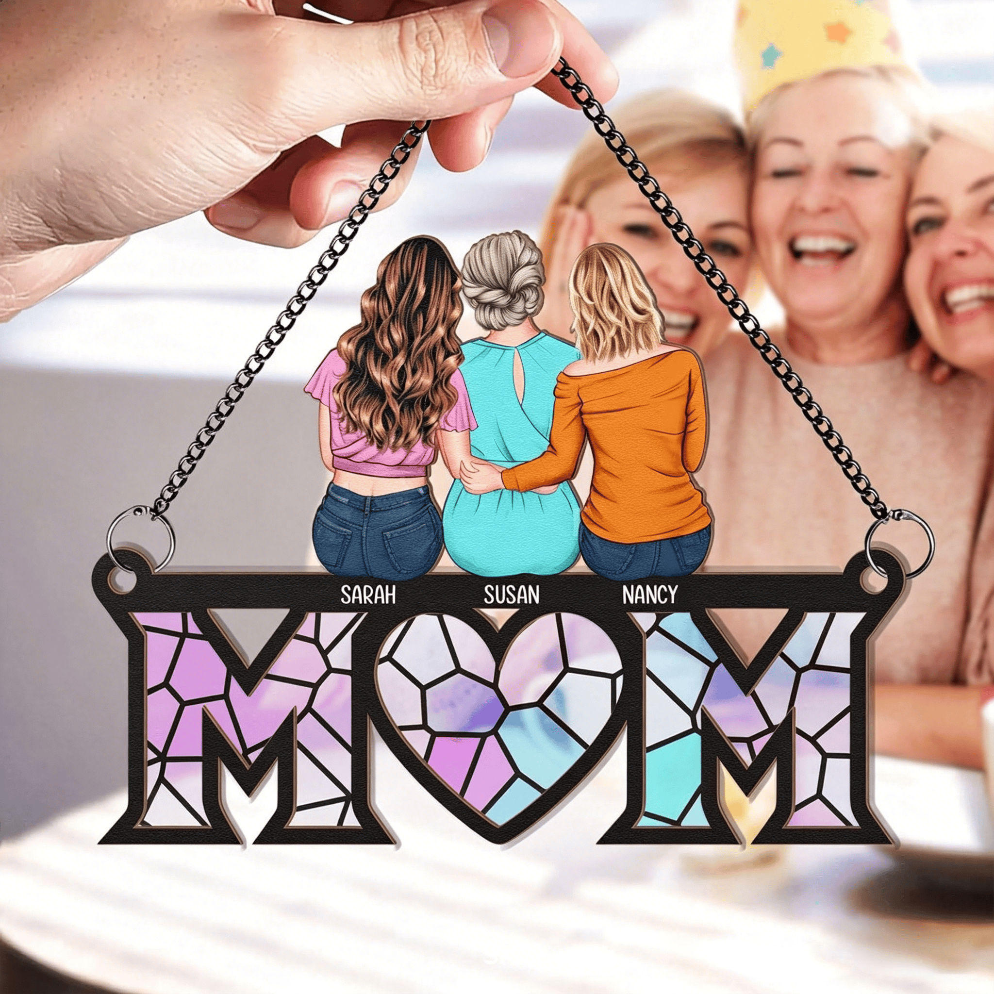 Grandma Mom And Children Sitting On The Moon - Personalized Window Hanging Suncatcher Ornament - E - 16cm - image 5
