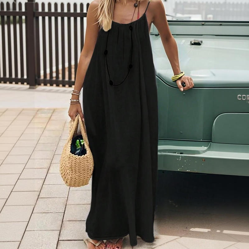 Loose Solid Color Adjustable Tie Strap Vacation Dress - Black - 5XL - image 2