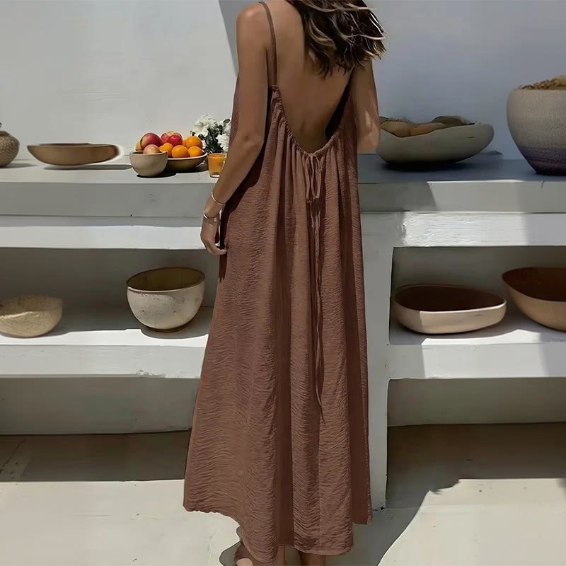 Loose Solid Color Adjustable Tie Strap Vacation Dress - Caramel - 5XL - image 8