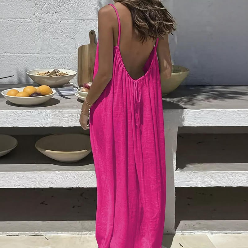Loose Solid Color Adjustable Tie Strap Vacation Dress - Rose - 5XL - image 2