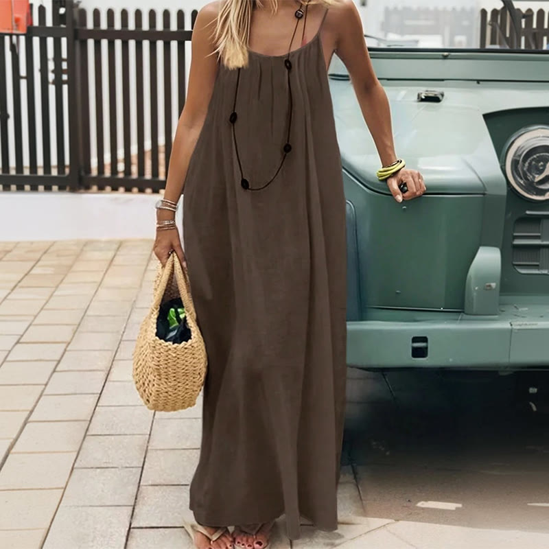 Loose Solid Color Adjustable Tie Strap Vacation Dress - Brown - 5XL - image 1