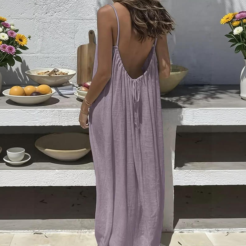 Loose Solid Color Adjustable Tie Strap Vacation Dress - Light Purple - 5XL - image 3