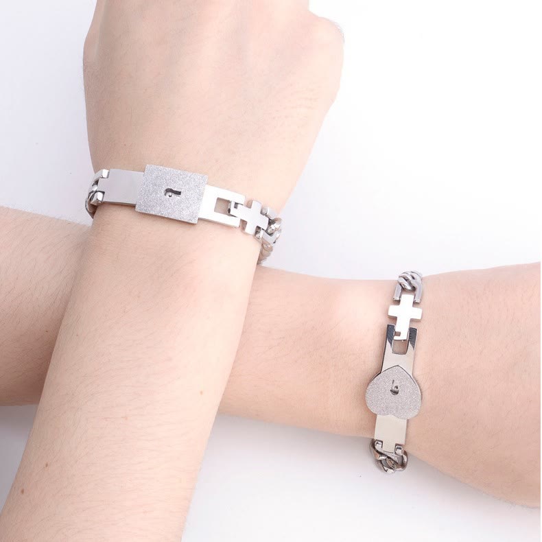 Heart Lock & Key Couple Bracelets - Matching Bangle Set - image 3