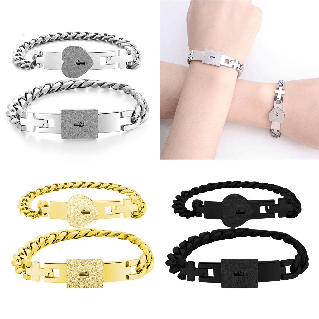 Heart Lock & Key Couple Bracelets - Matching Bangle Set - image 2
