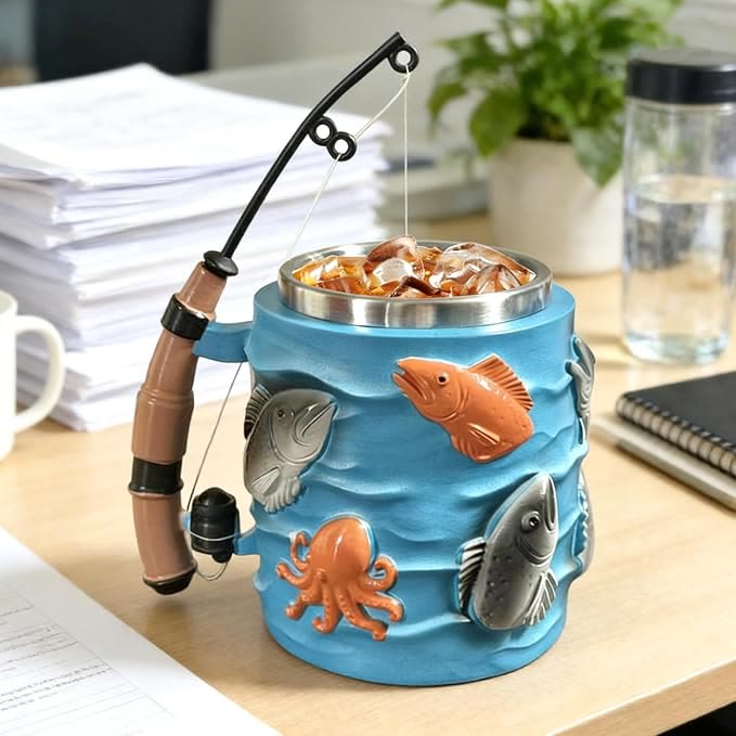 Fishing-Themed 3D Resin Coffee Mug with Fishing Rod & Fish Design, Durable Stainless Steel Liner - image 2