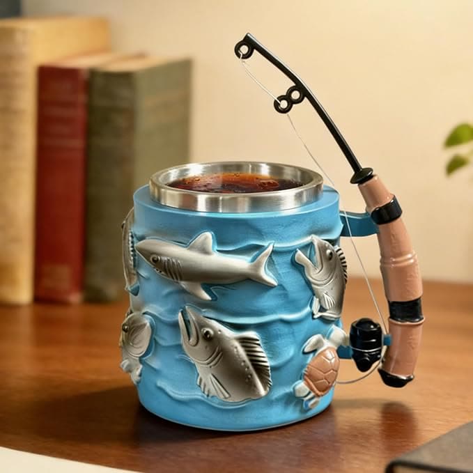 Fishing-Themed 3D Resin Coffee Mug with Fishing Rod & Fish Design, Durable Stainless Steel Liner - Blue - 14*11*18cm - image 1