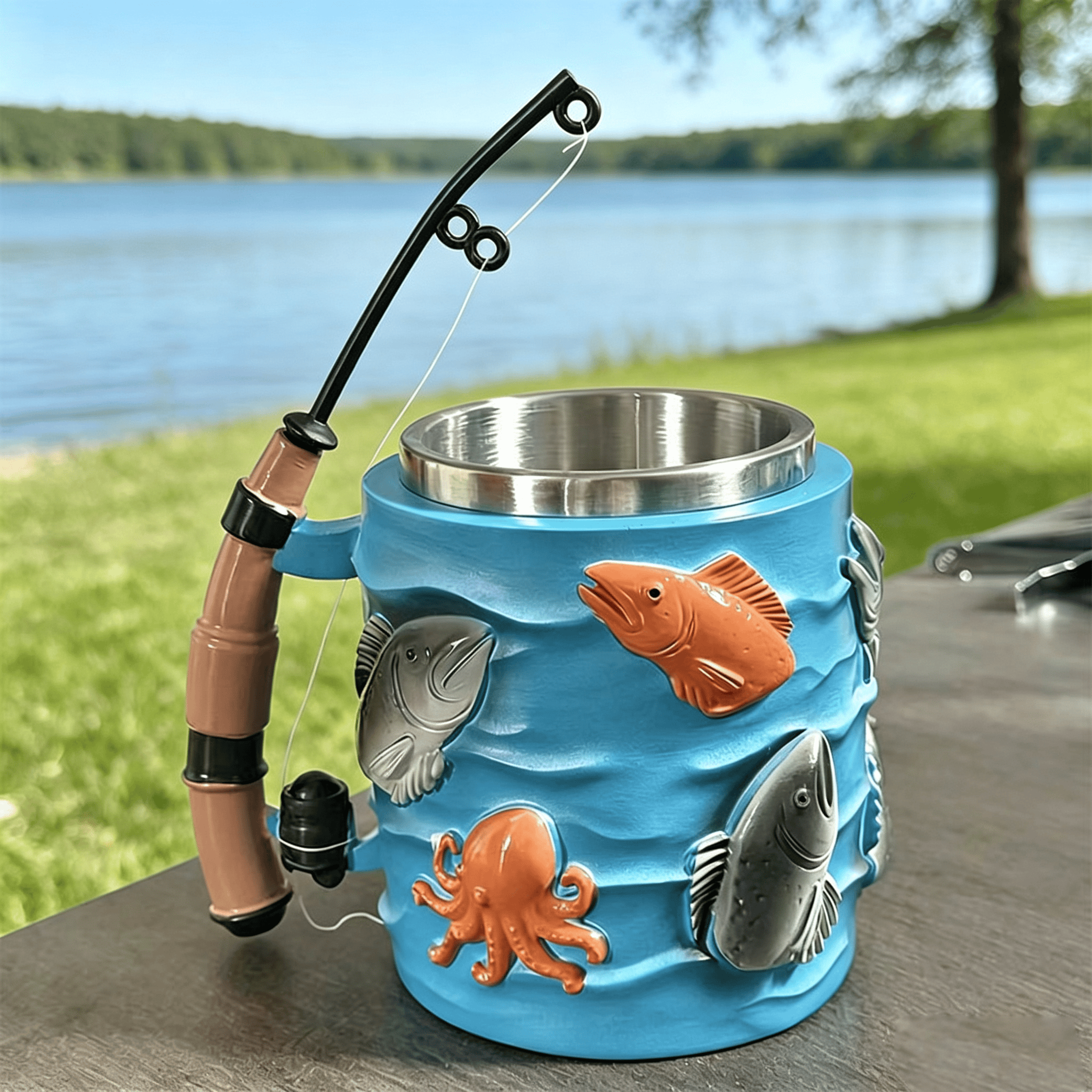 Fishing-Themed 3D Resin Coffee Mug with Fishing Rod & Fish Design, Durable Stainless Steel Liner - image 7