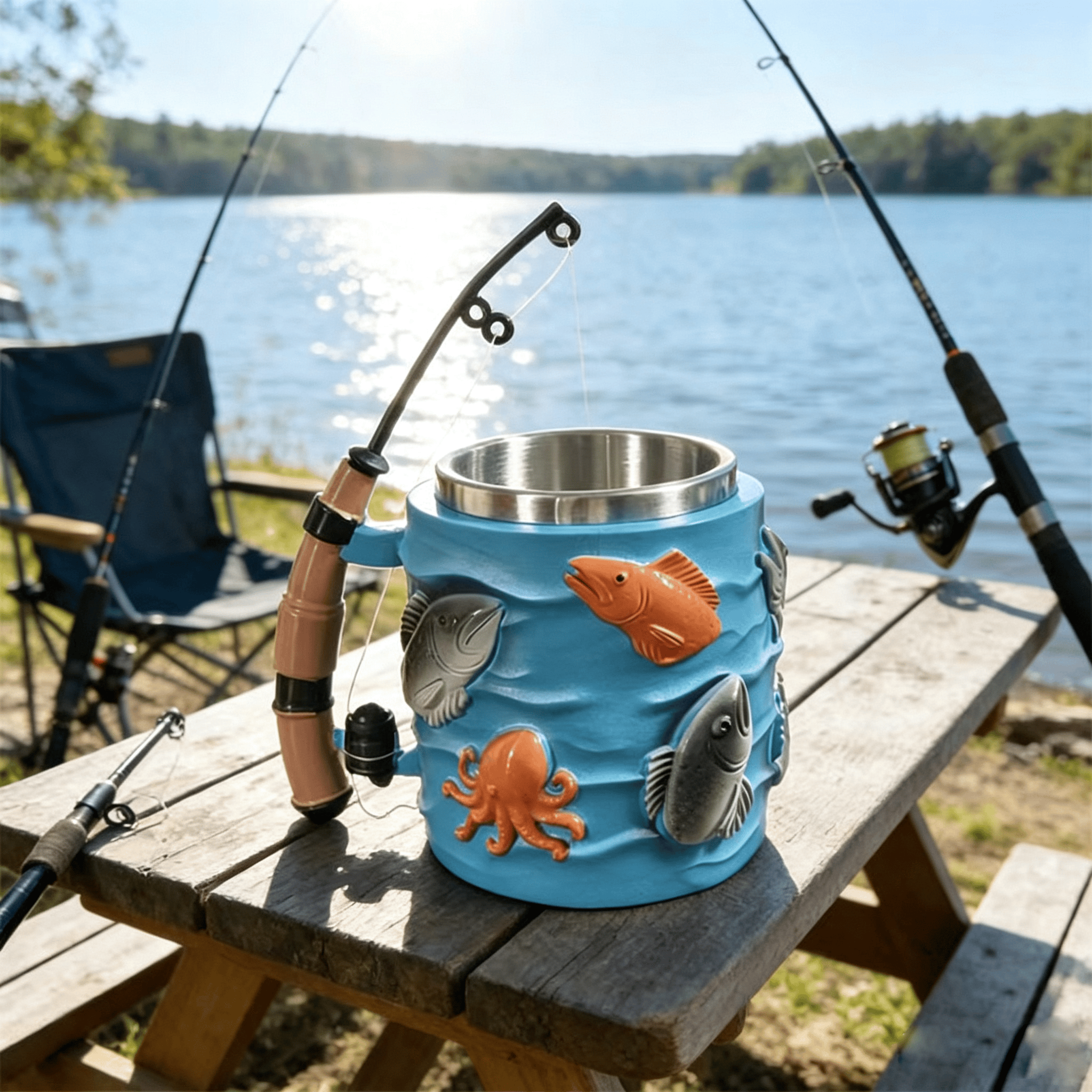 Fishing-Themed 3D Resin Coffee Mug with Fishing Rod & Fish Design, Durable Stainless Steel Liner - image 9