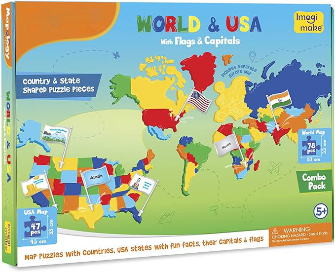 USA & World Map Puzzle with Flags, Capitals, Stickers | Educational Toys - image 3