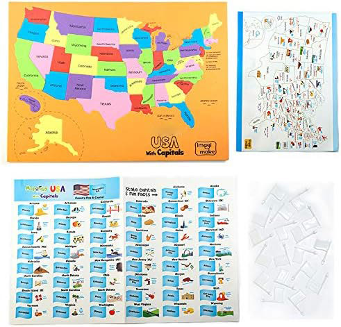 USA & World Map Puzzle with Flags, Capitals, Stickers | Educational Toys - image 2