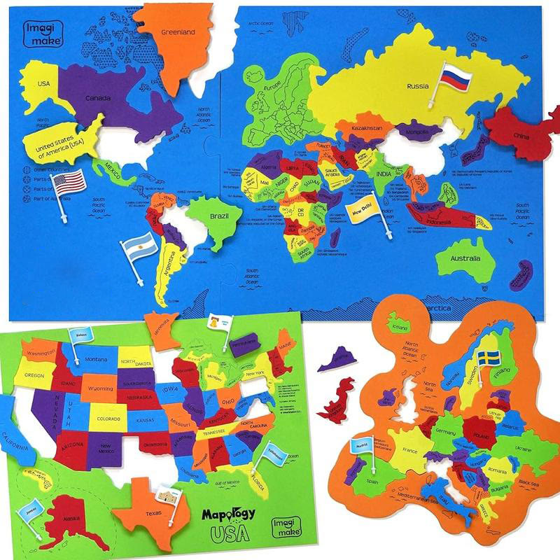 USA & World Map Puzzle with Flags, Capitals, Stickers | Educational Toys - Blue - image 1