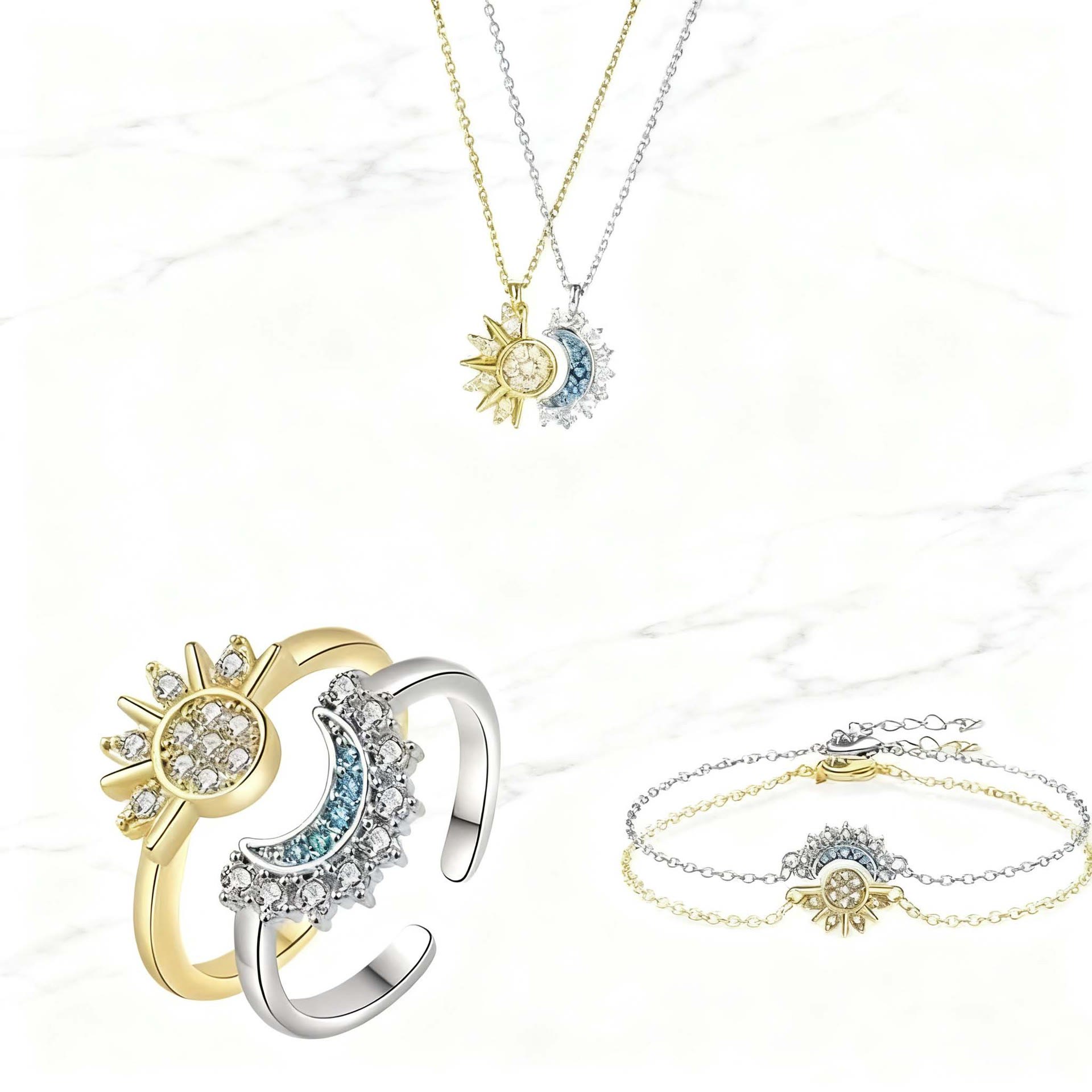 Sun & Moon Matching Necklace, Bracelet & Ring Set, Friendship & Couple Gift - image 1