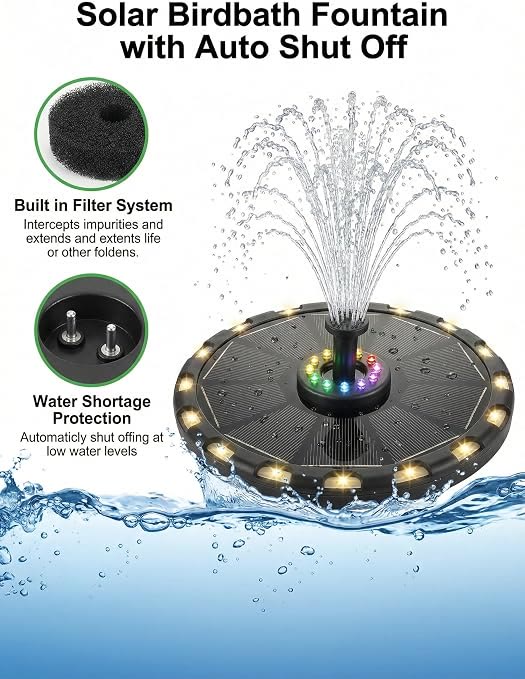 Solar Fountain Pump with 18 LED Lights & 8 Colors, Floating Water Fountain for Bird Bath, Pond & Garden - image 4