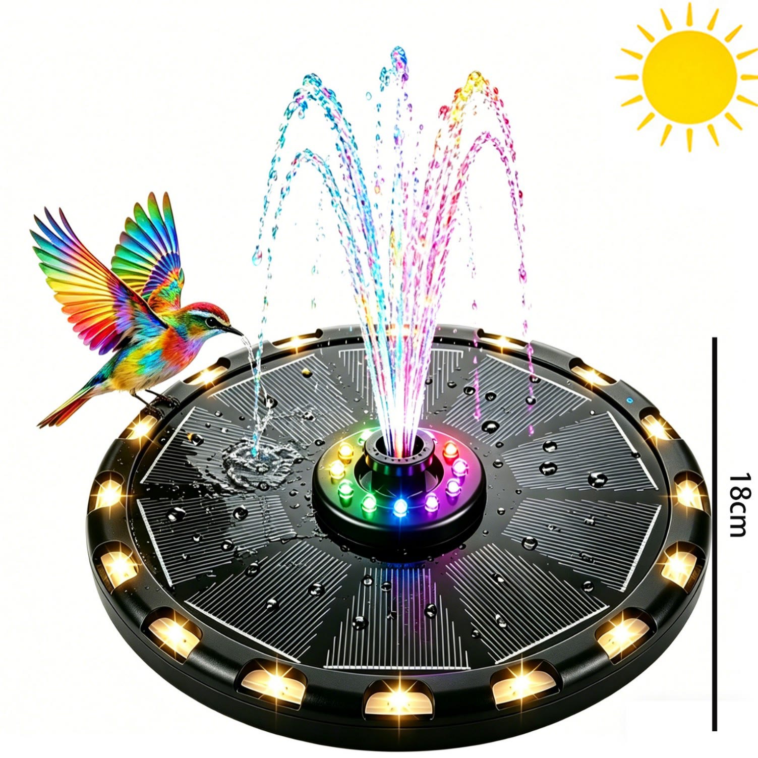 Solar Fountain Pump with 18 LED Lights & 8 Colors, Floating Water Fountain for Bird Bath, Pond & Garden - image 3