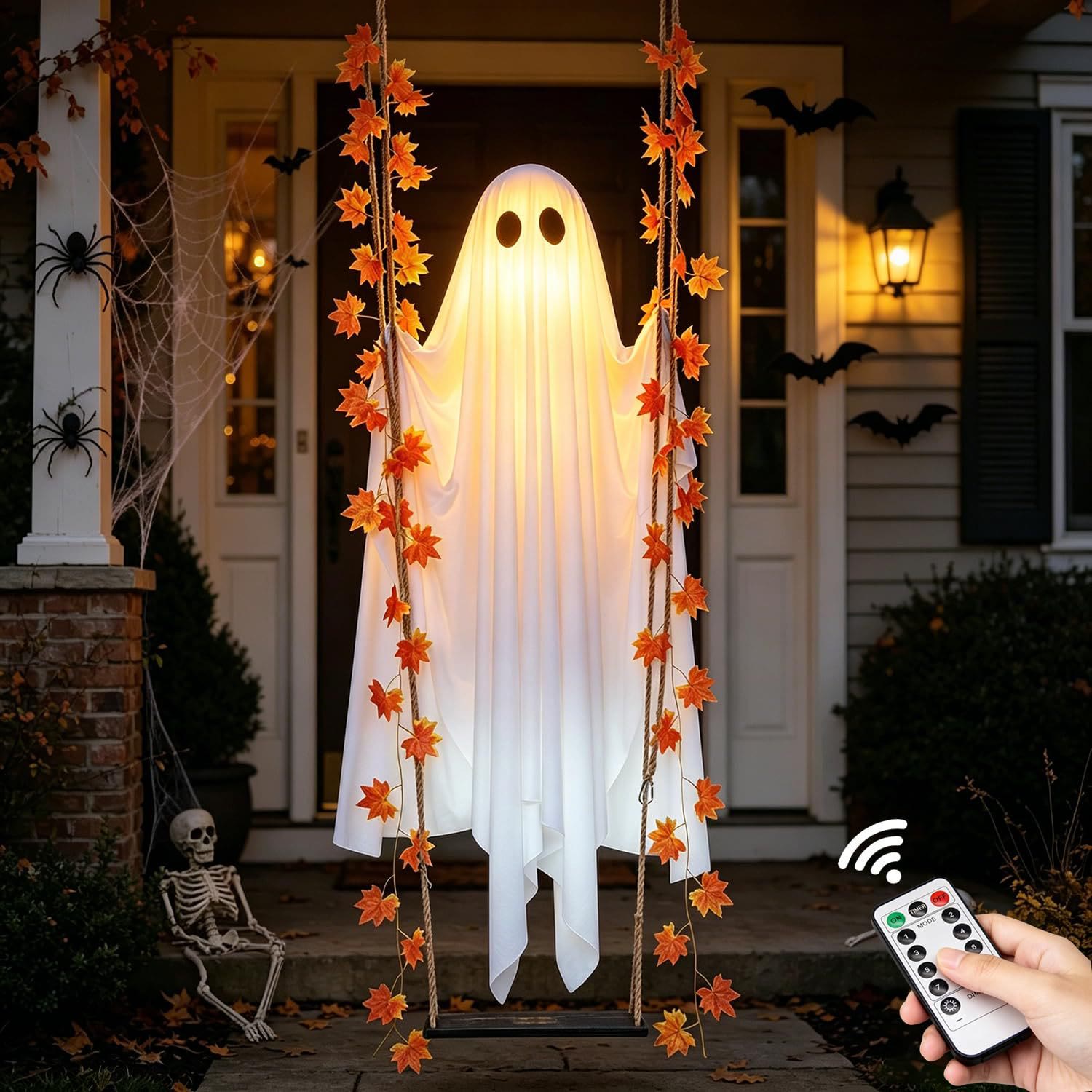 Halloween Hanging Swing Ghost with Maple Leaf Vine, Large Outdoor Tree & Garden Spooky Decoration - image 2