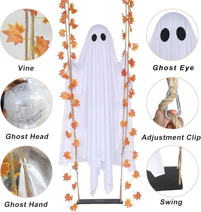 Halloween Hanging Swing Ghost with Maple Leaf Vine, Large Outdoor Tree & Garden Spooky Decoration - image 4