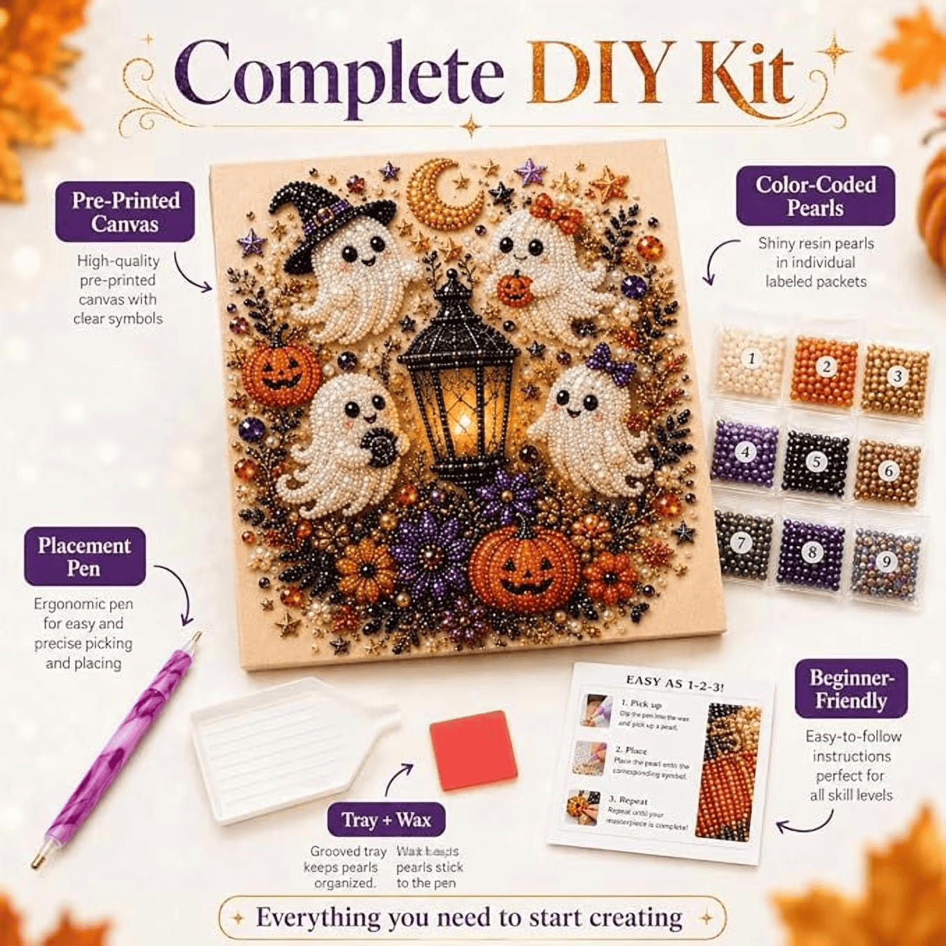 Halloween DIY Diamond Painting Kit, Pumpkin Cat & Ghost Diamond Art for Home Decor - image 3
