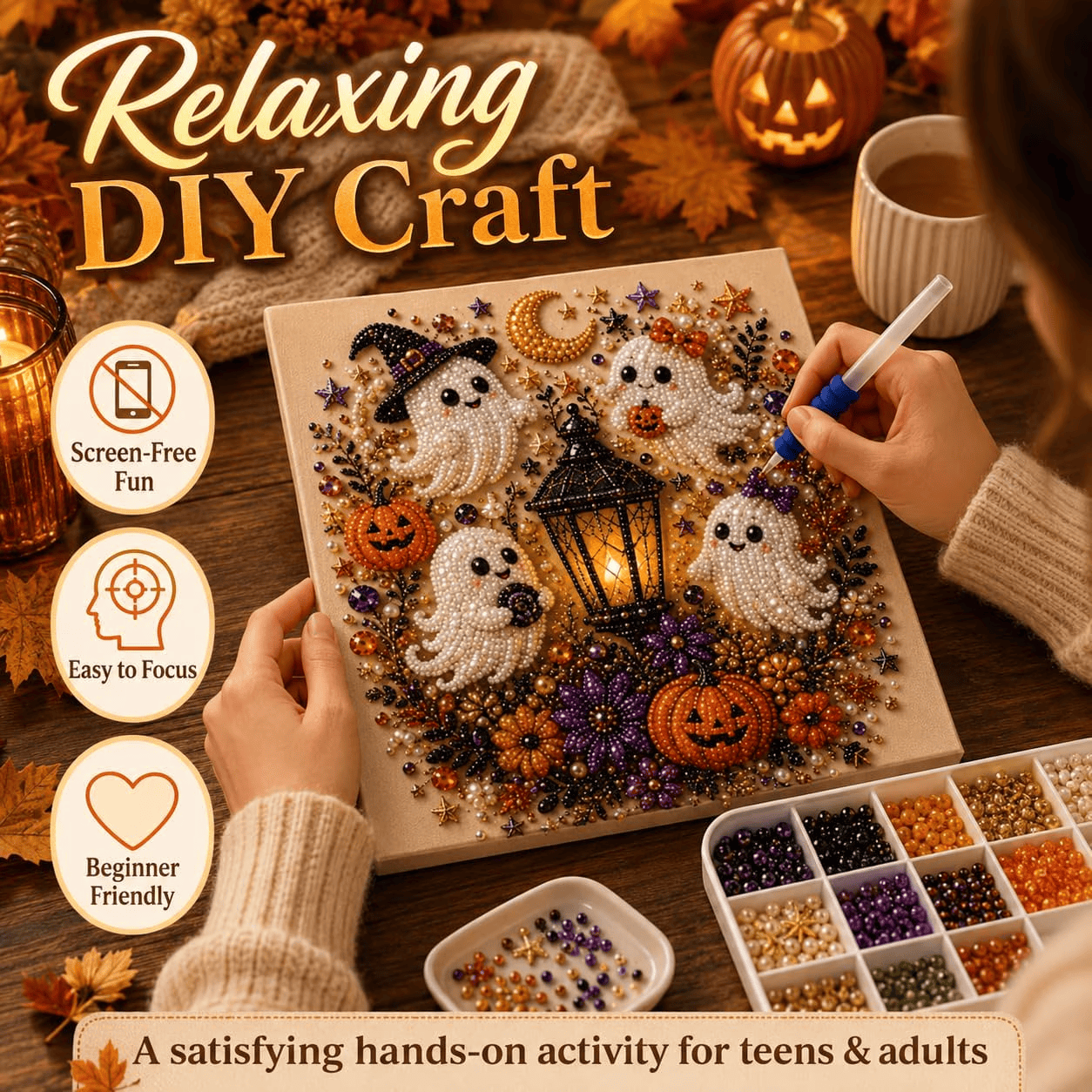 Halloween DIY Diamond Painting Kit, Pumpkin Cat & Ghost Diamond Art for Home Decor - image 8