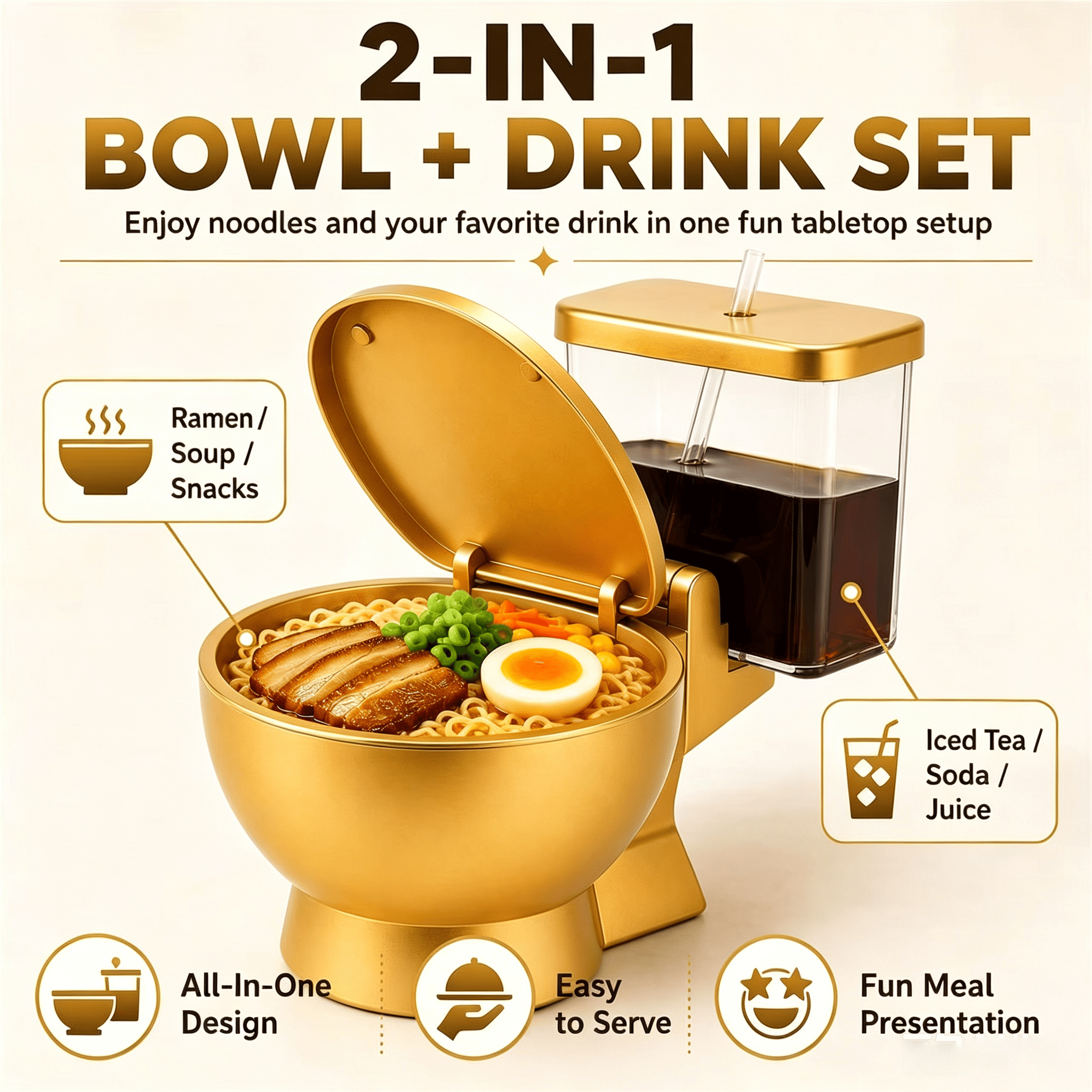 2-in-1 Golden Toilet Shaped Ramen Bowl with Drink Cup, Funny Party Gag Bowl - image 1