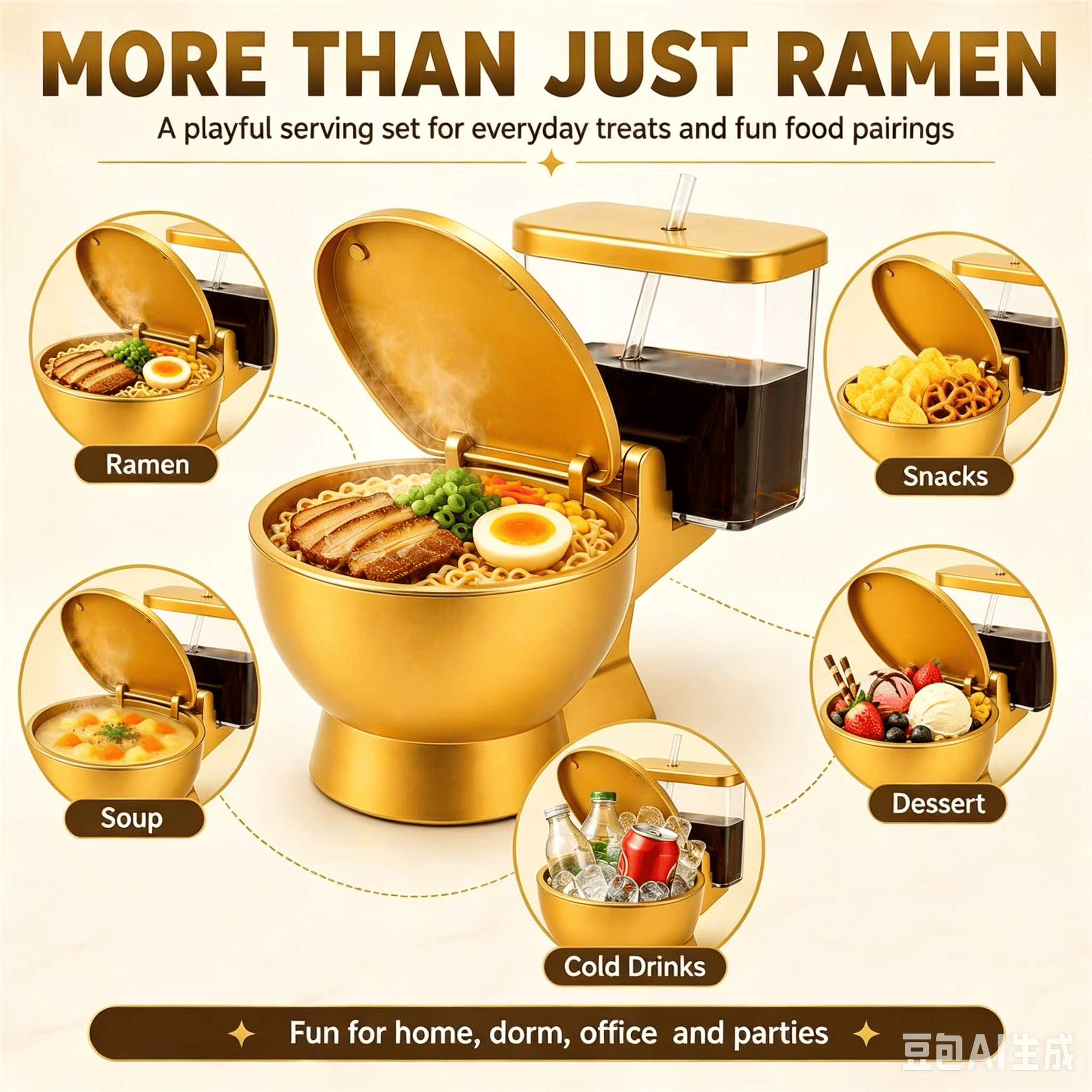 2-in-1 Golden Toilet Shaped Ramen Bowl with Drink Cup, Funny Party Gag Bowl - image 3