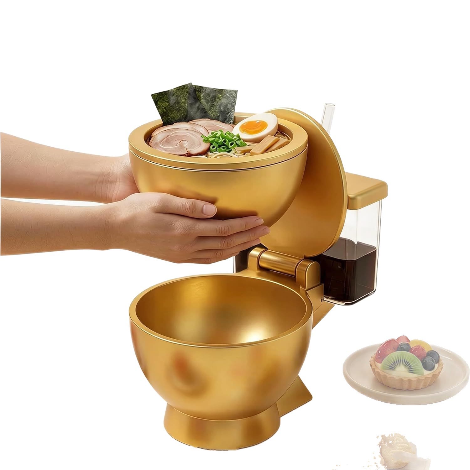2-in-1 Golden Toilet Shaped Ramen Bowl with Drink Cup, Funny Party Gag Bowl - image 5