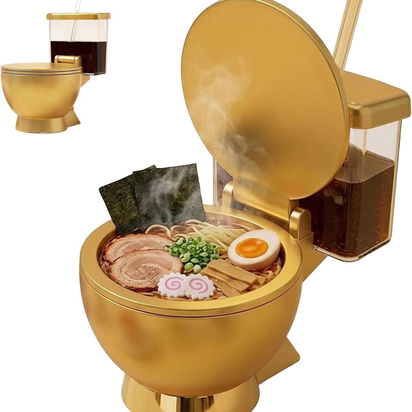 2-in-1 Golden Toilet Shaped Ramen Bowl with Drink Cup, Funny Party Gag Bowl - image 4
