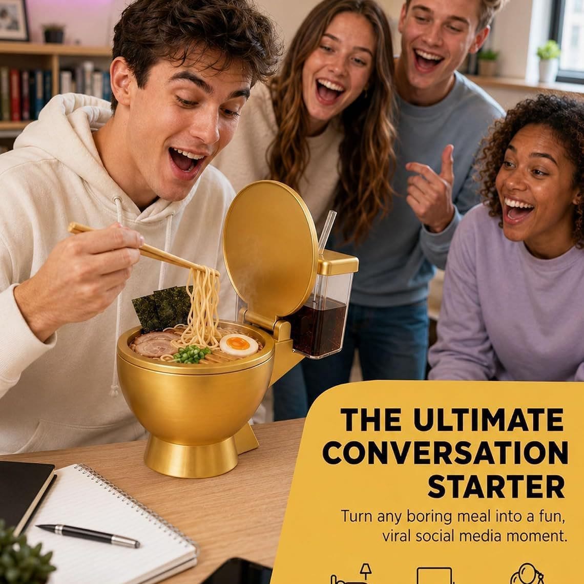 2-in-1 Golden Toilet Shaped Ramen Bowl with Drink Cup, Funny Party Gag Bowl - image 8