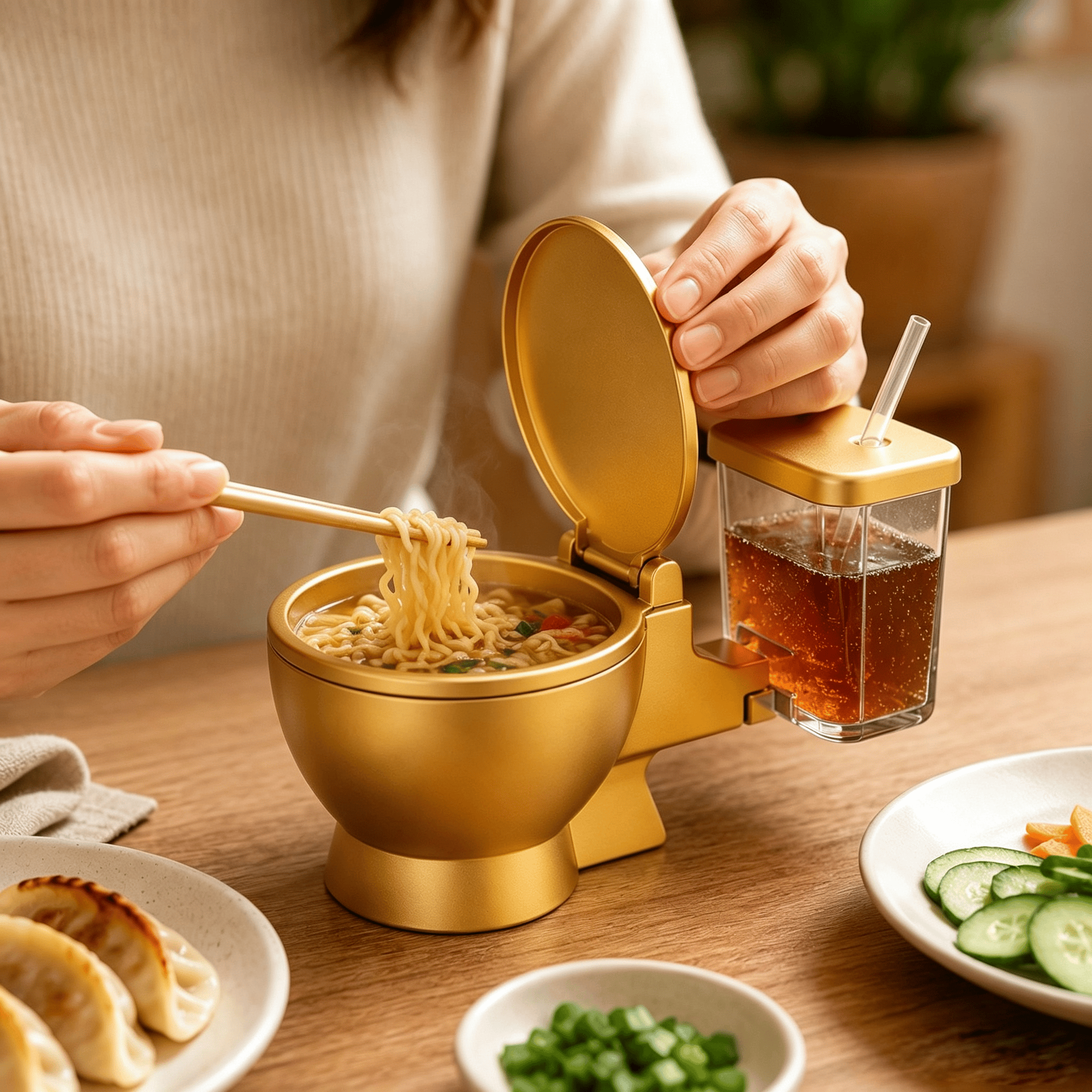 2-in-1 Golden Toilet Shaped Ramen Bowl with Drink Cup, Funny Party Gag Bowl - image 9