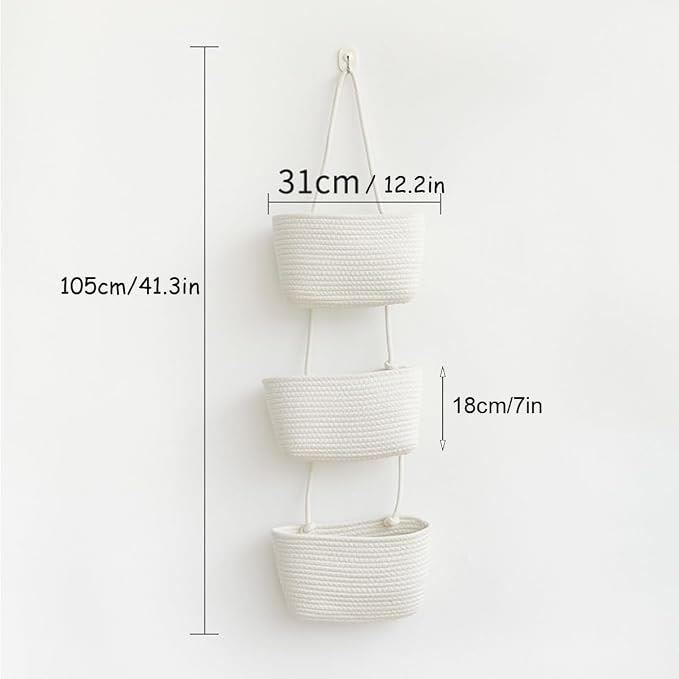 Woven Cotton 3-Tier Over-the-Door Basket, Wall-Mounted Bathroom  Storage Organizer - White - image 12