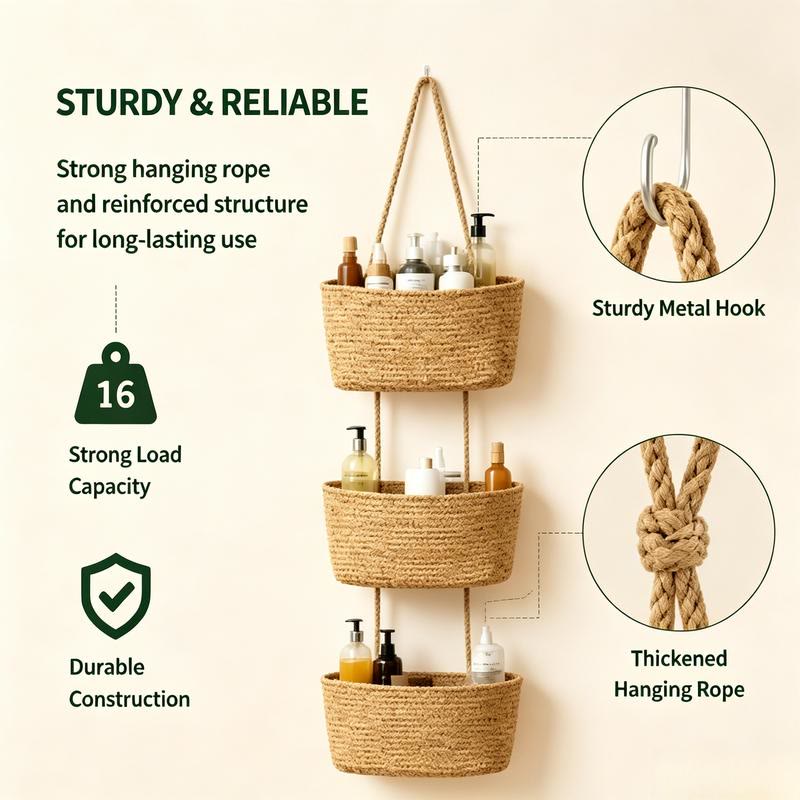 Woven Cotton 3-Tier Over-the-Door Basket, Wall-Mounted Bathroom  Storage Organizer - image 2