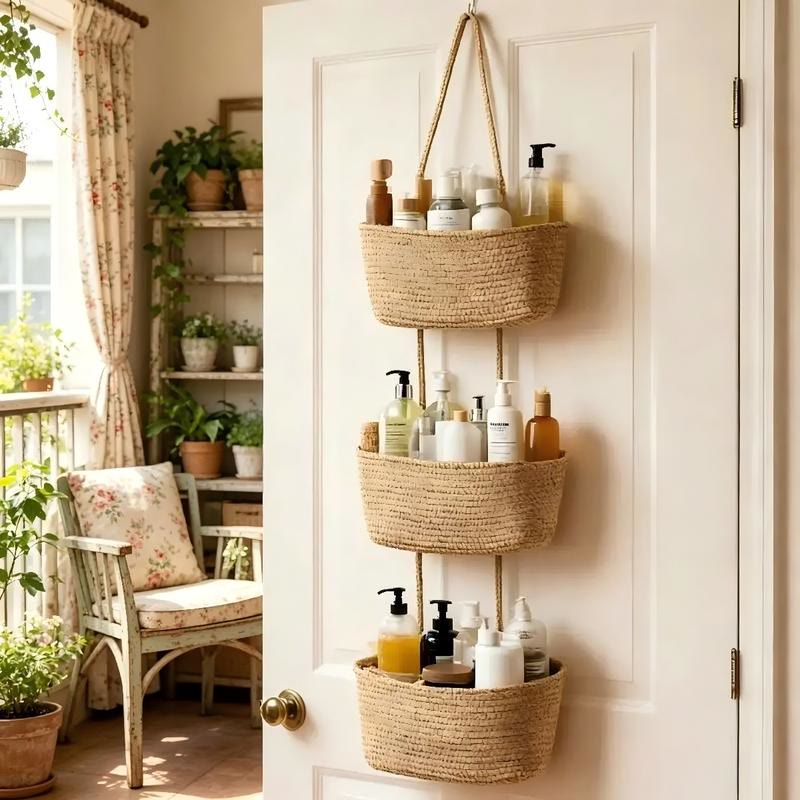 Woven Cotton 3-Tier Over-the-Door Basket, Wall-Mounted Bathroom  Storage Organizer - Khaki - image 1