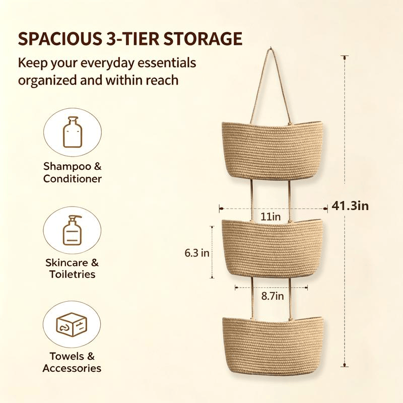 Woven Cotton 3-Tier Over-the-Door Basket, Wall-Mounted Bathroom  Storage Organizer - image 11