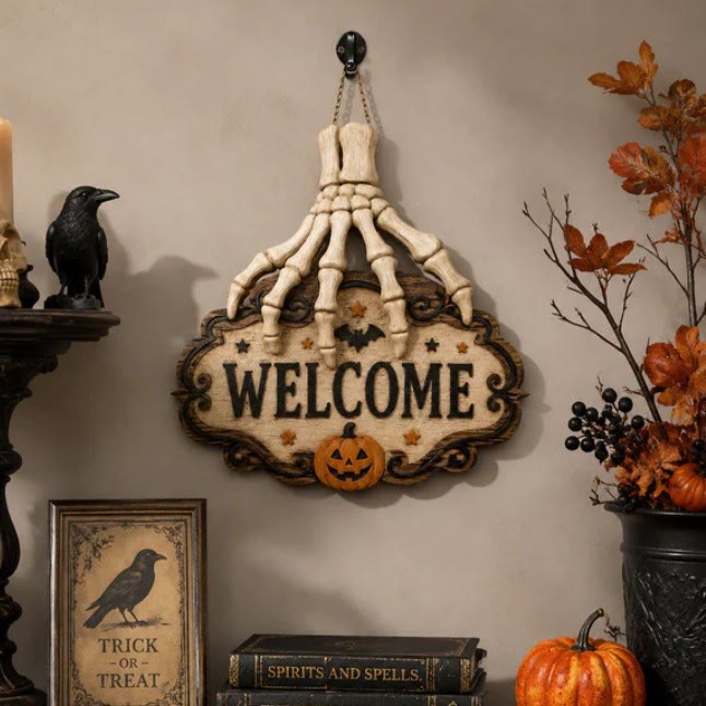 Halloween Skeleton Hand Welcome Sign, Rustic Wooden Front Door Hanging Decor - image 3