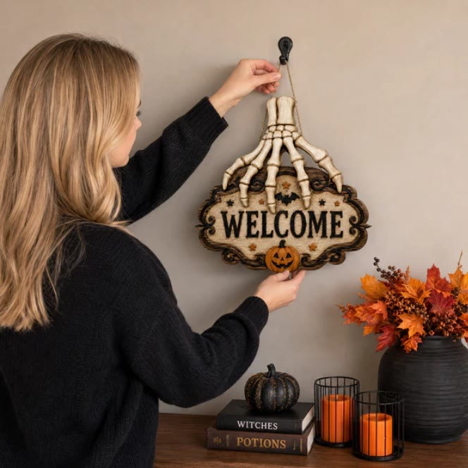 Halloween Skeleton Hand Welcome Sign, Rustic Wooden Front Door Hanging Decor - Retro - 35*30*0.5 - image 1
