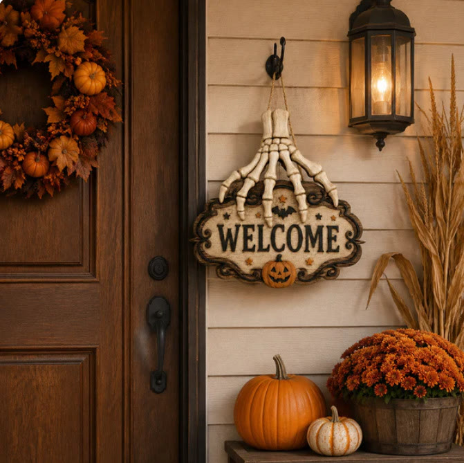 Halloween Skeleton Hand Welcome Sign, Rustic Wooden Front Door Hanging Decor - image 2
