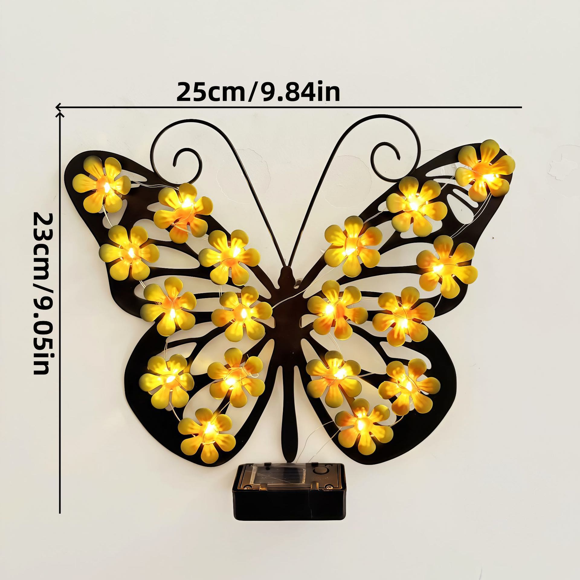 Solar Butterfly Wall Light, LED Metal Garden Wall Decor for Outdoor Patio - Yellow - image 8