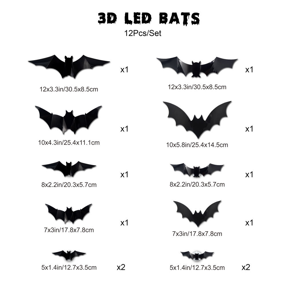 3D Bat Light LED Decorations, 12pcs/24pcs Halloween Spooky Ornaments - Black - 12PCS - image 8